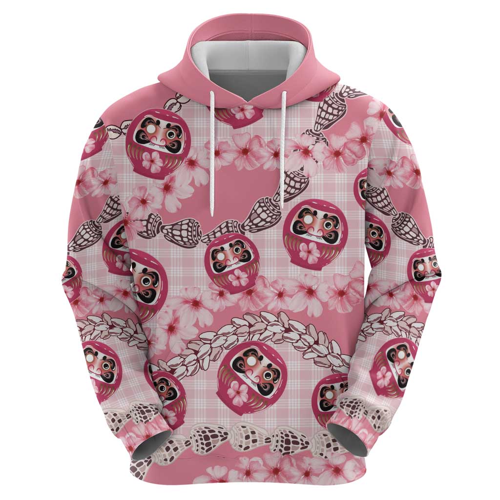 Japanese Daruma Doll Palaka Zip Hoodie Cherry Blossoms With Shell Lei LT14 - Polynesian Pride