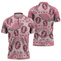 Japanese Daruma Doll Palaka Zipper Polo Shirt Cherry Blossoms With Shell Lei - Polynesian Pride