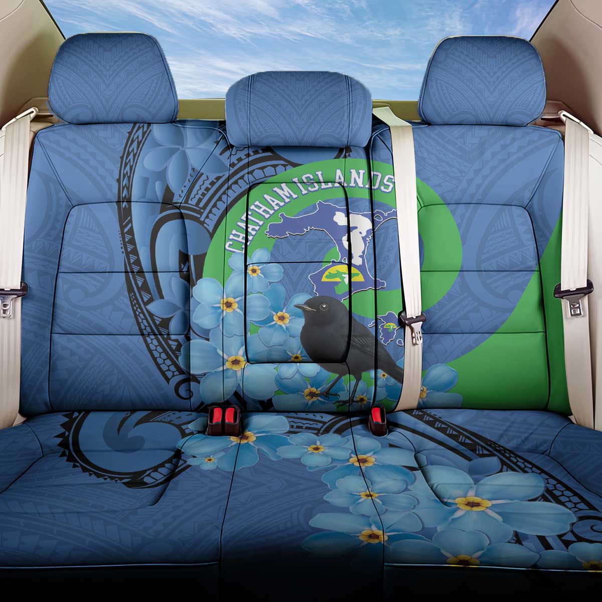 New Zealand Chatham Islands Back Car Seat Cover Wharekauri Forget Me Not With Black Robin LT14 One Size Blue - Polynesian Pride
