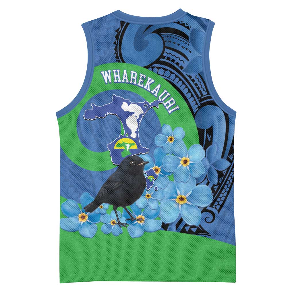 New Zealand Chatham Islands Basketball Jersey Wharekauri Forget Me Not With Black Robin - Polynesian Pride