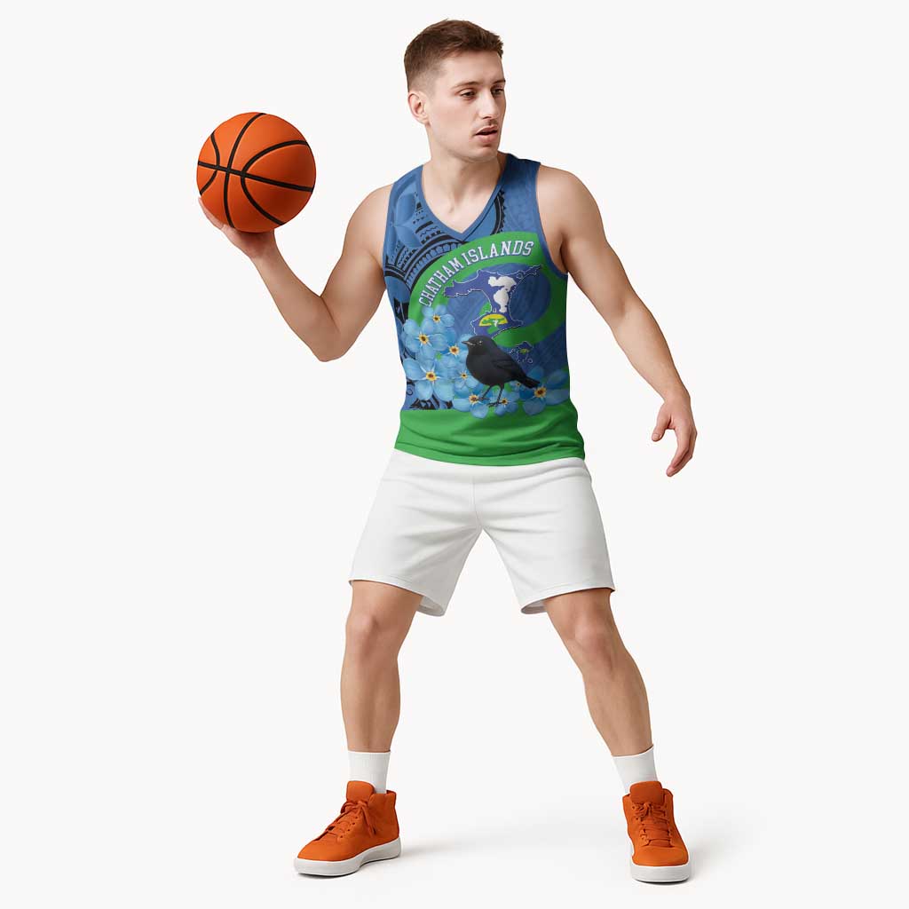 New Zealand Chatham Islands Basketball Jersey Wharekauri Forget Me Not With Black Robin - Polynesian Pride