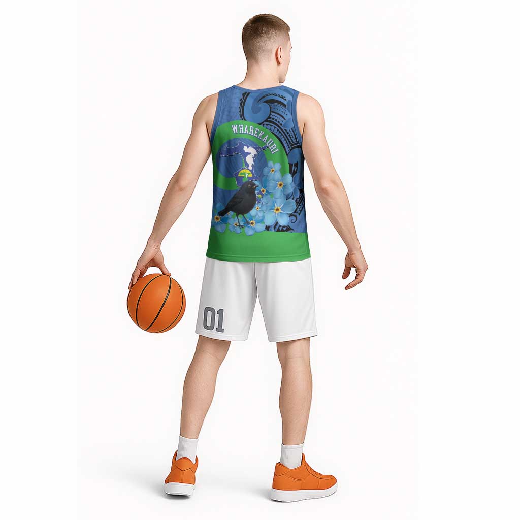 New Zealand Chatham Islands Basketball Jersey Wharekauri Forget Me Not With Black Robin - Polynesian Pride