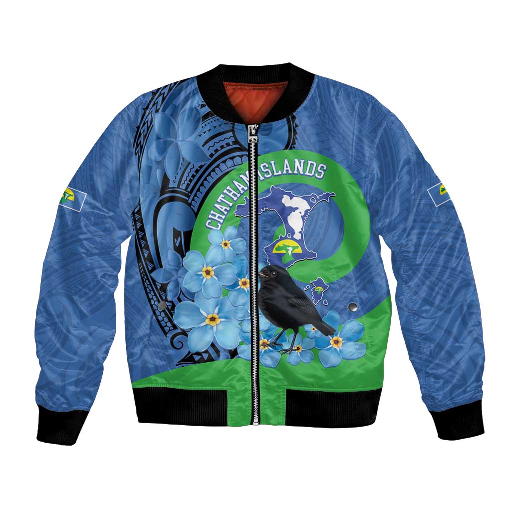 New Zealand Chatham Islands Bomber Jacket Wharekauri Forget Me Not With Black Robin LT14 Unisex Blue - Polynesian Pride