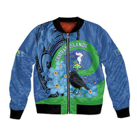 New Zealand Chatham Islands Bomber Jacket Wharekauri Forget Me Not With Black Robin LT14 Unisex Blue - Polynesian Pride