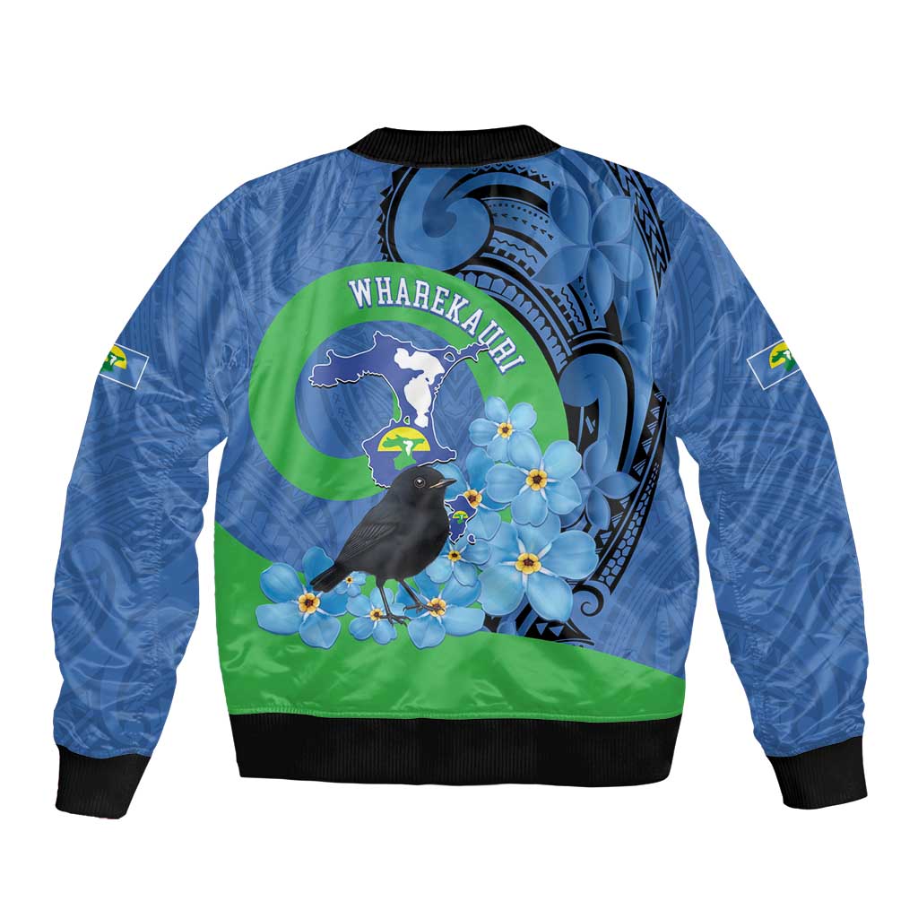 New Zealand Chatham Islands Bomber Jacket Wharekauri Forget Me Not With Black Robin LT14 - Polynesian Pride