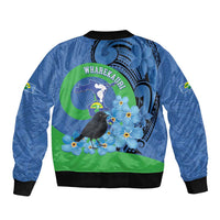 New Zealand Chatham Islands Bomber Jacket Wharekauri Forget Me Not With Black Robin LT14 - Polynesian Pride