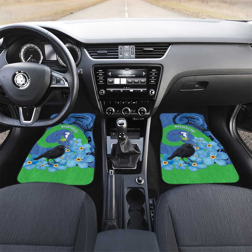New Zealand Chatham Islands Car Mats Wharekauri Forget Me Not With Black Robin LT14 Set 2pcs - Front Blue - Polynesian Pride