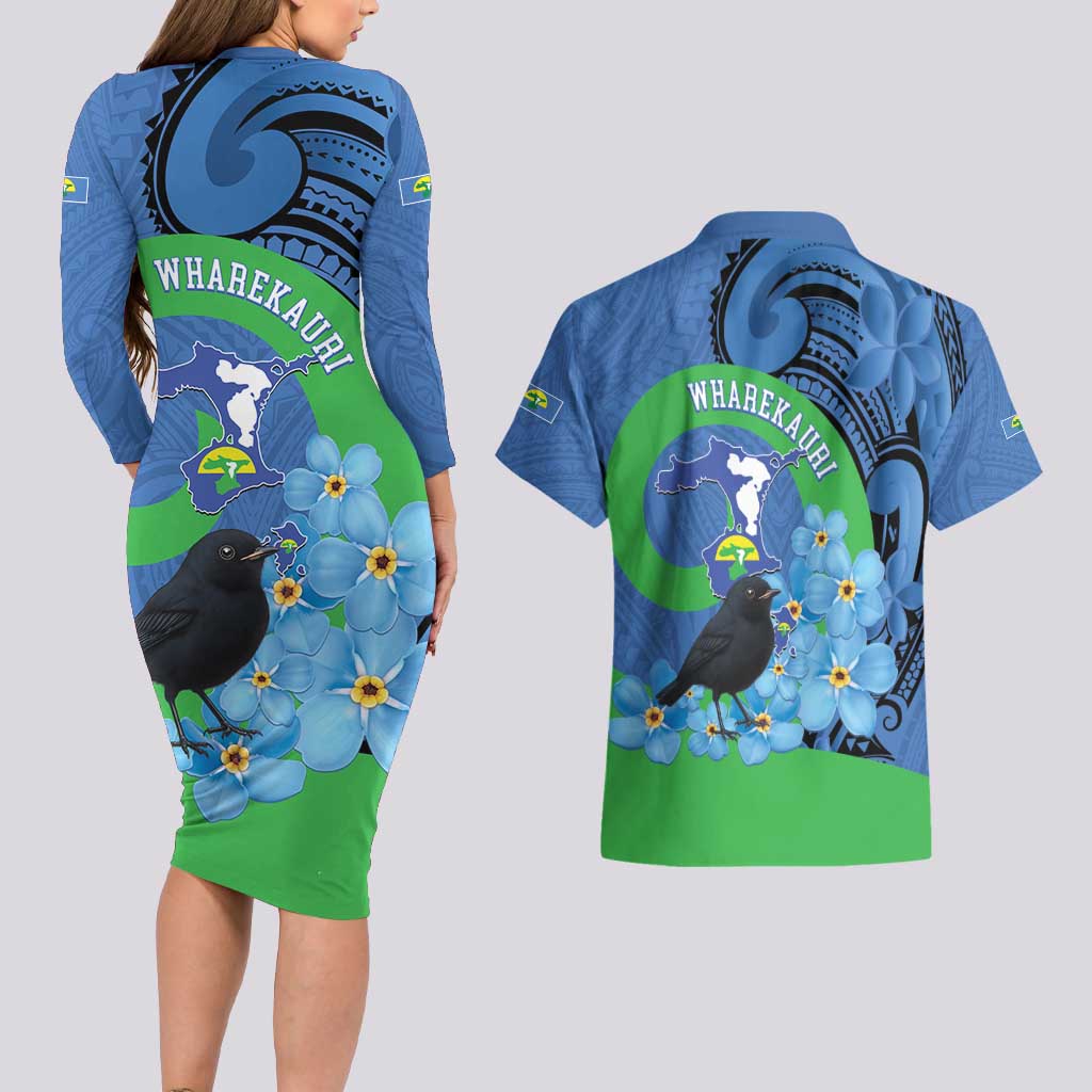 New Zealand Chatham Islands Couples Matching Long Sleeve Bodycon Dress and Hawaiian Shirt Wharekauri Forget Me Not With Black Robin LT14 - Polynesian Pride