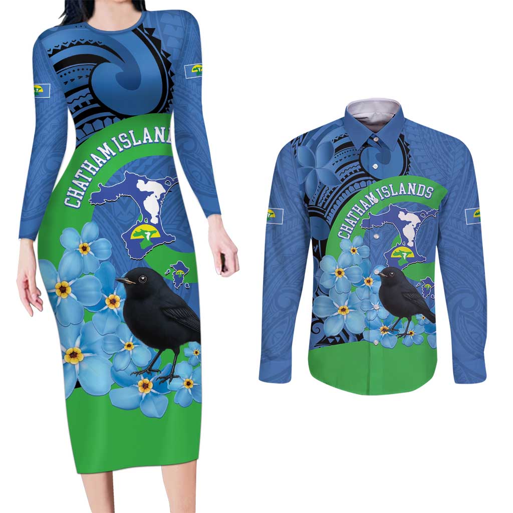 New Zealand Chatham Islands Couples Matching Long Sleeve Bodycon Dress and Long Sleeve Button Shirt Wharekauri Forget Me Not With Black Robin LT14 Blue - Polynesian Pride