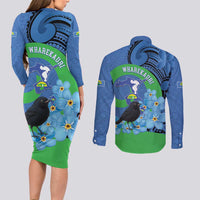 New Zealand Chatham Islands Couples Matching Long Sleeve Bodycon Dress and Long Sleeve Button Shirt Wharekauri Forget Me Not With Black Robin LT14 - Polynesian Pride