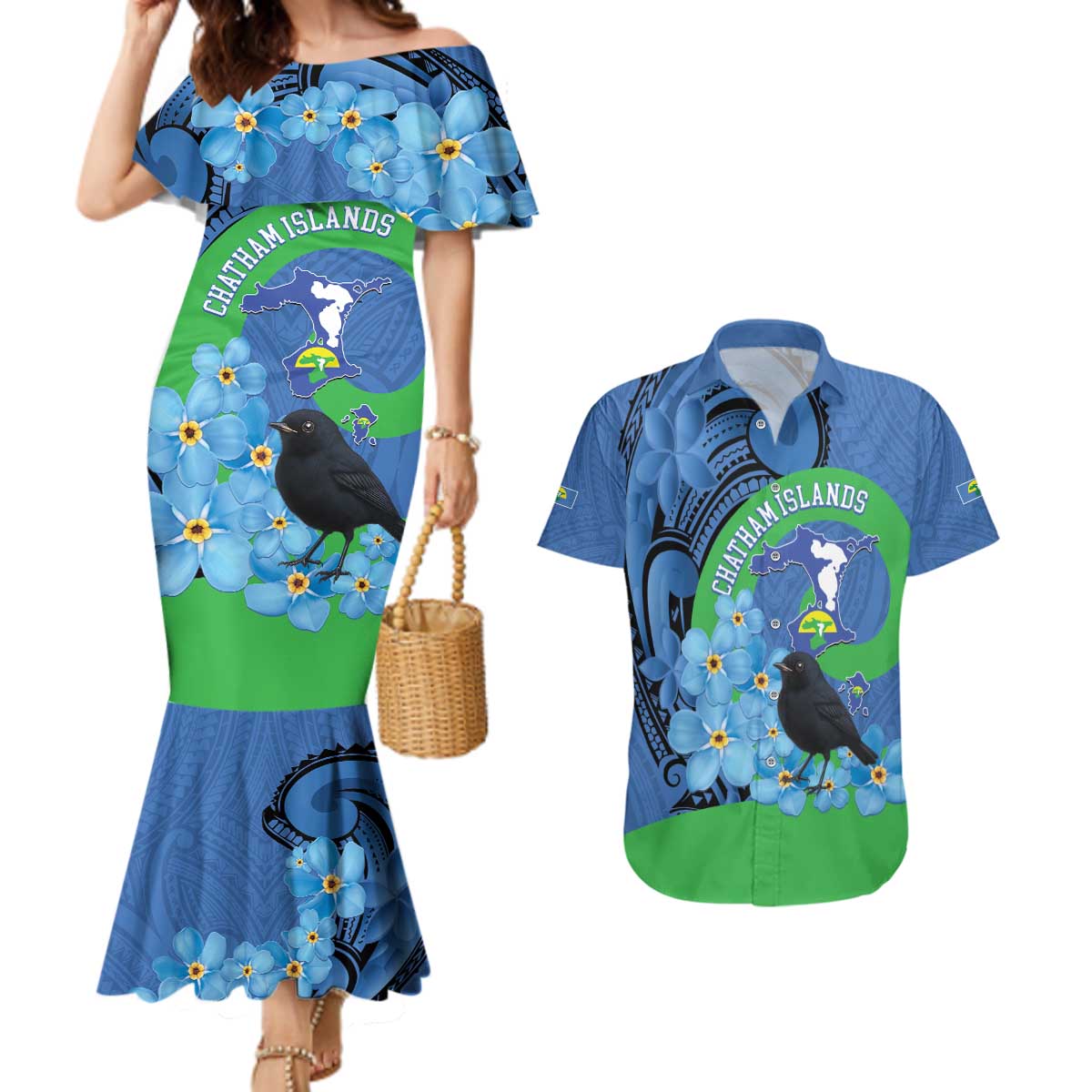 New Zealand Chatham Islands Couples Matching Mermaid Dress and Hawaiian Shirt Wharekauri Forget Me Not With Black Robin LT14 Blue - Polynesian Pride