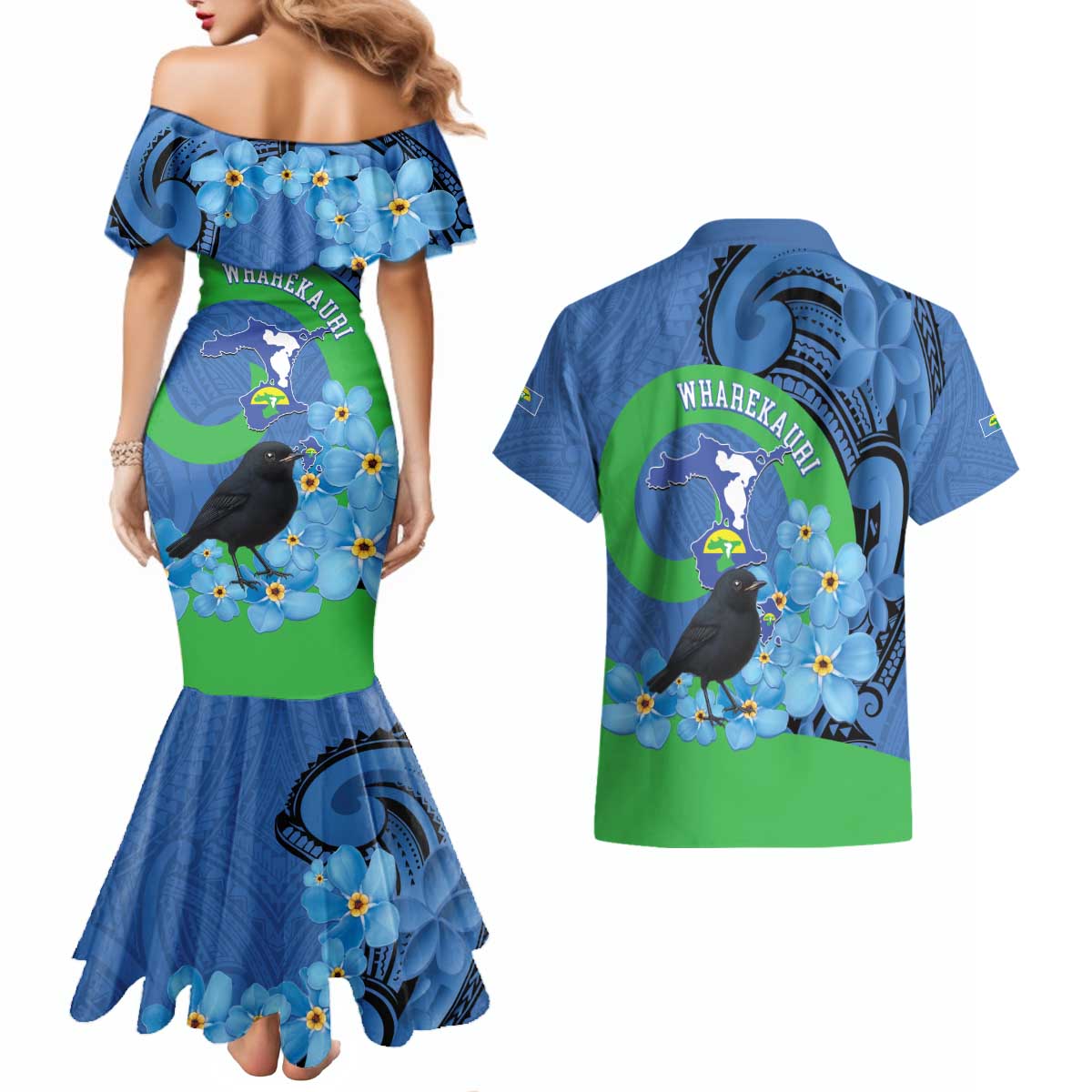 New Zealand Chatham Islands Couples Matching Mermaid Dress and Hawaiian Shirt Wharekauri Forget Me Not With Black Robin LT14 - Polynesian Pride