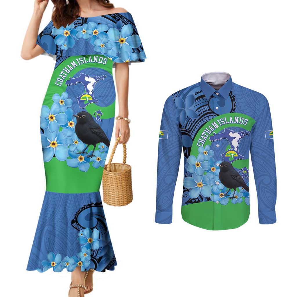 New Zealand Chatham Islands Couples Matching Mermaid Dress and Long Sleeve Button Shirt Wharekauri Forget Me Not With Black Robin LT14 Blue - Polynesian Pride