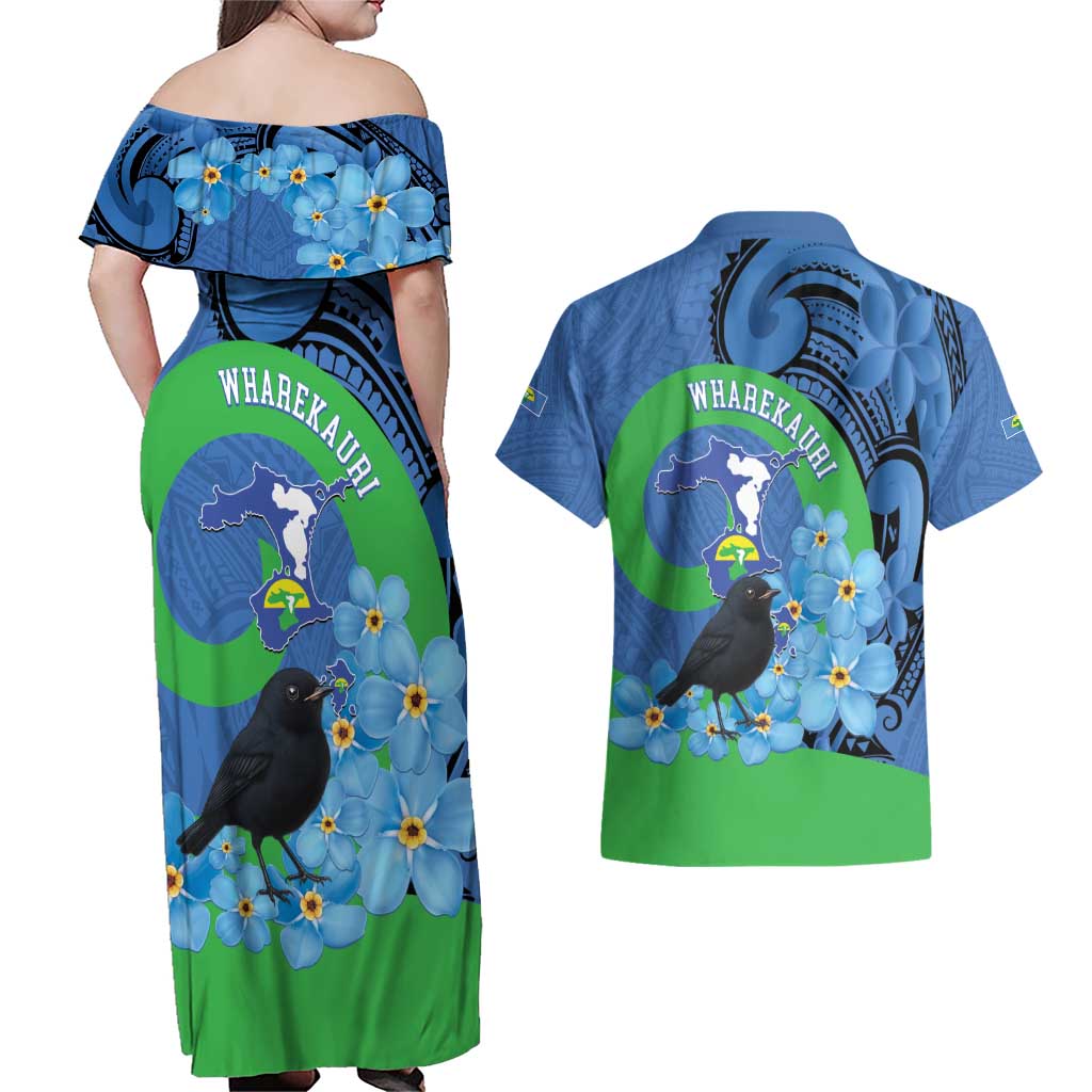 New Zealand Chatham Islands Couples Matching Off Shoulder Maxi Dress and Hawaiian Shirt Wharekauri Forget Me Not With Black Robin LT14 - Polynesian Pride