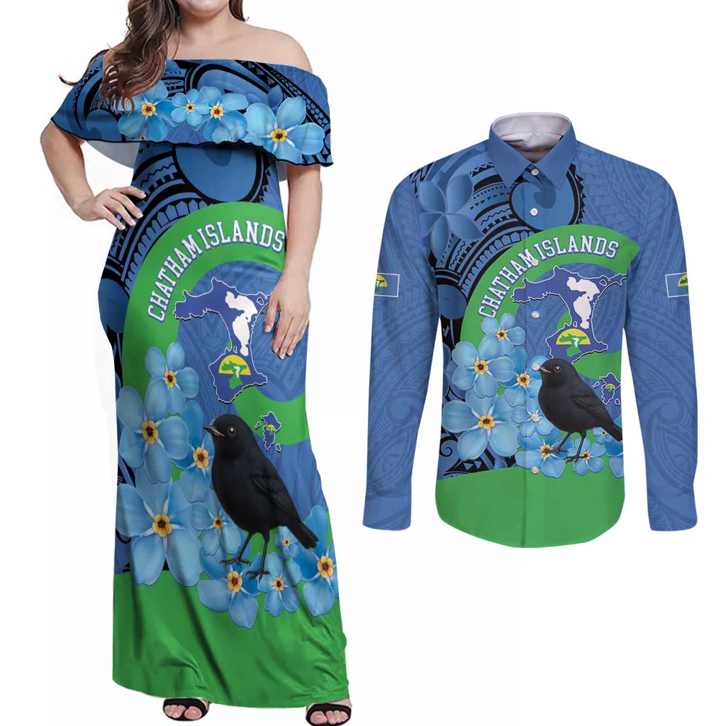 New Zealand Chatham Islands Couples Matching Off Shoulder Maxi Dress and Long Sleeve Button Shirt Wharekauri Forget Me Not With Black Robin LT14 Blue - Polynesian Pride