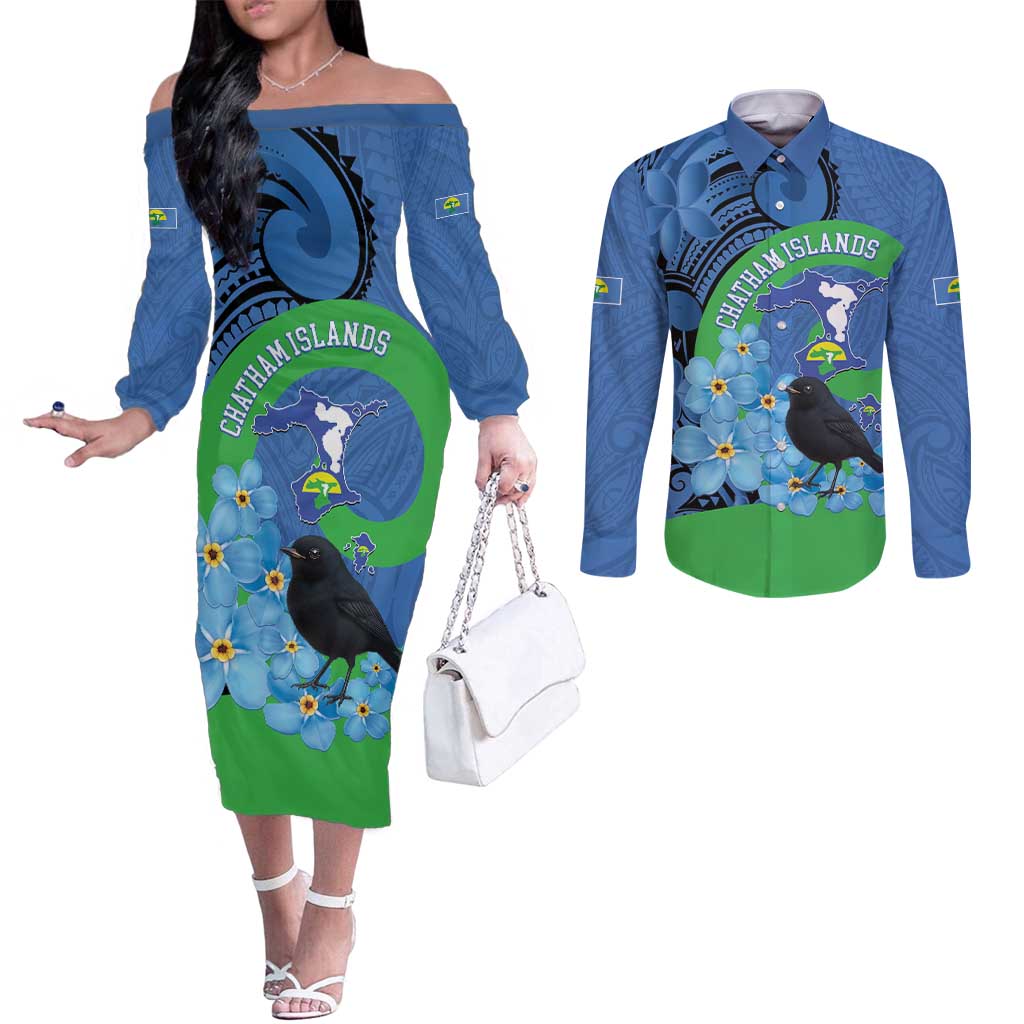 New Zealand Chatham Islands Couples Matching Off The Shoulder Long Sleeve Dress and Long Sleeve Button Shirt Wharekauri Forget Me Not With Black Robin LT14 Blue - Polynesian Pride