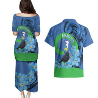 New Zealand Chatham Islands Couples Matching Puletasi and Hawaiian Shirt Wharekauri Forget Me Not With Black Robin LT14 - Polynesian Pride