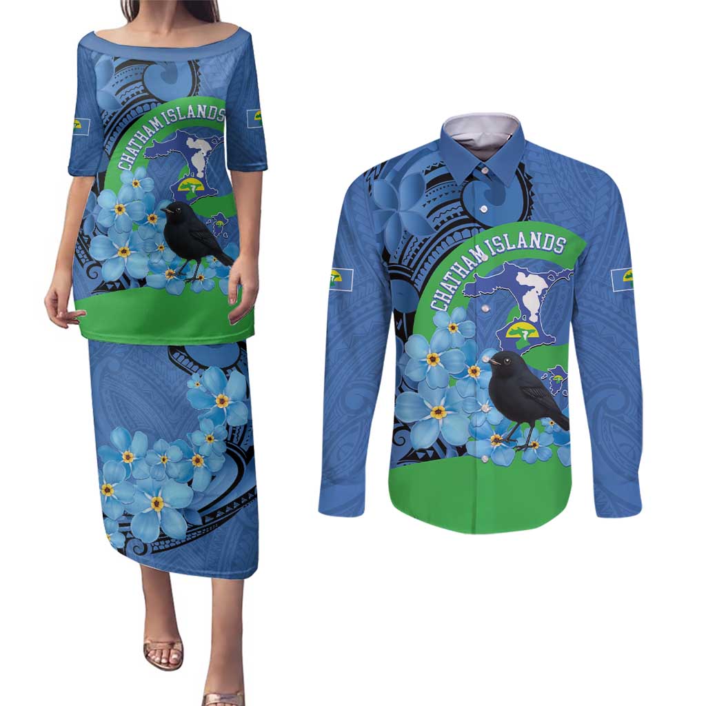 New Zealand Chatham Islands Couples Matching Puletasi and Long Sleeve Button Shirt Wharekauri Forget Me Not With Black Robin LT14 Blue - Polynesian Pride