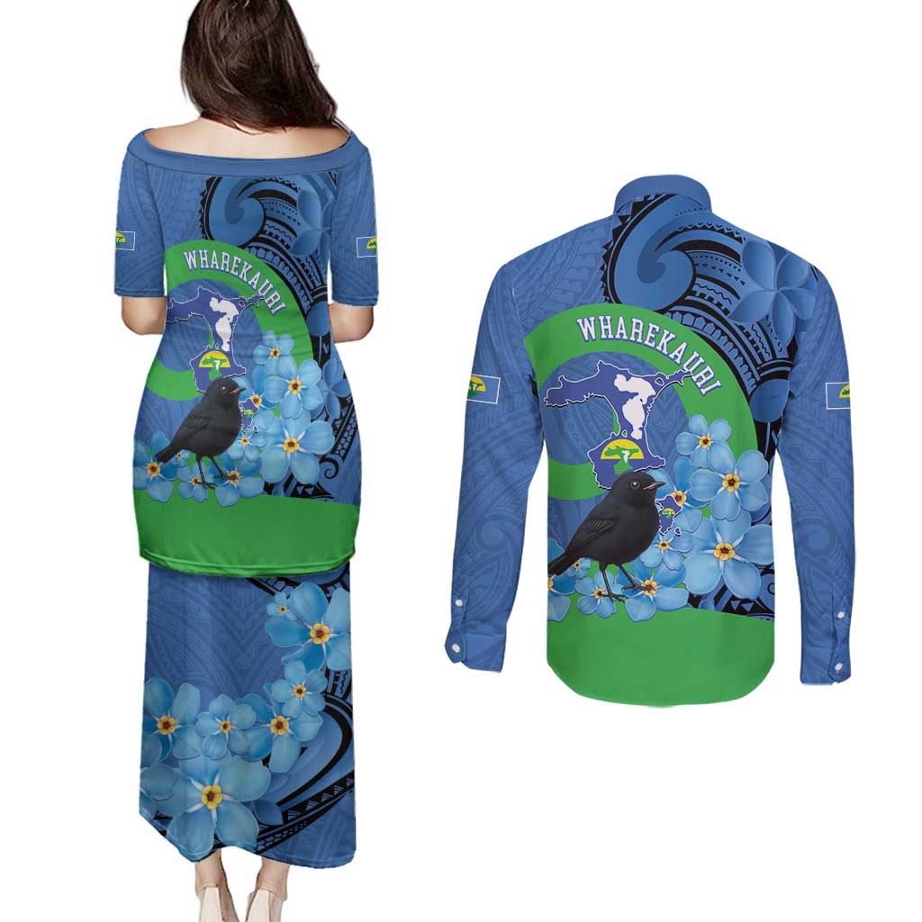 New Zealand Chatham Islands Couples Matching Puletasi and Long Sleeve Button Shirt Wharekauri Forget Me Not With Black Robin LT14 - Polynesian Pride