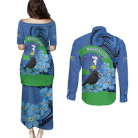 New Zealand Chatham Islands Couples Matching Puletasi and Long Sleeve Button Shirt Wharekauri Forget Me Not With Black Robin LT14 - Polynesian Pride