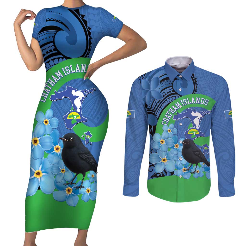 New Zealand Chatham Islands Couples Matching Short Sleeve Bodycon Dress and Long Sleeve Button Shirt Wharekauri Forget Me Not With Black Robin LT14 Blue - Polynesian Pride