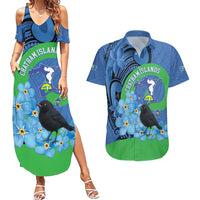New Zealand Chatham Islands Couples Matching Summer Maxi Dress and Hawaiian Shirt Wharekauri Forget Me Not With Black Robin LT14 Blue - Polynesian Pride