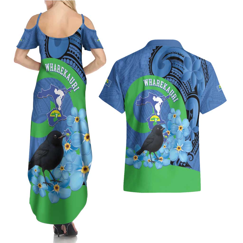New Zealand Chatham Islands Couples Matching Summer Maxi Dress and Hawaiian Shirt Wharekauri Forget Me Not With Black Robin LT14 - Polynesian Pride