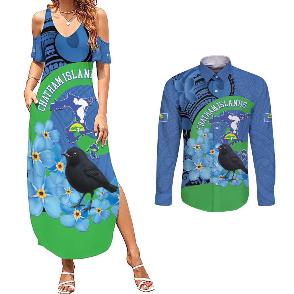 New Zealand Chatham Islands Couples Matching Summer Maxi Dress and Long Sleeve Button Shirt Wharekauri Forget Me Not With Black Robin LT14 Blue - Polynesian Pride