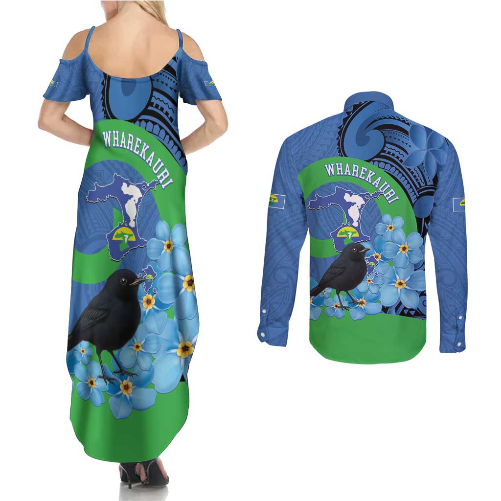 New Zealand Chatham Islands Couples Matching Summer Maxi Dress and Long Sleeve Button Shirt Wharekauri Forget Me Not With Black Robin LT14 - Polynesian Pride