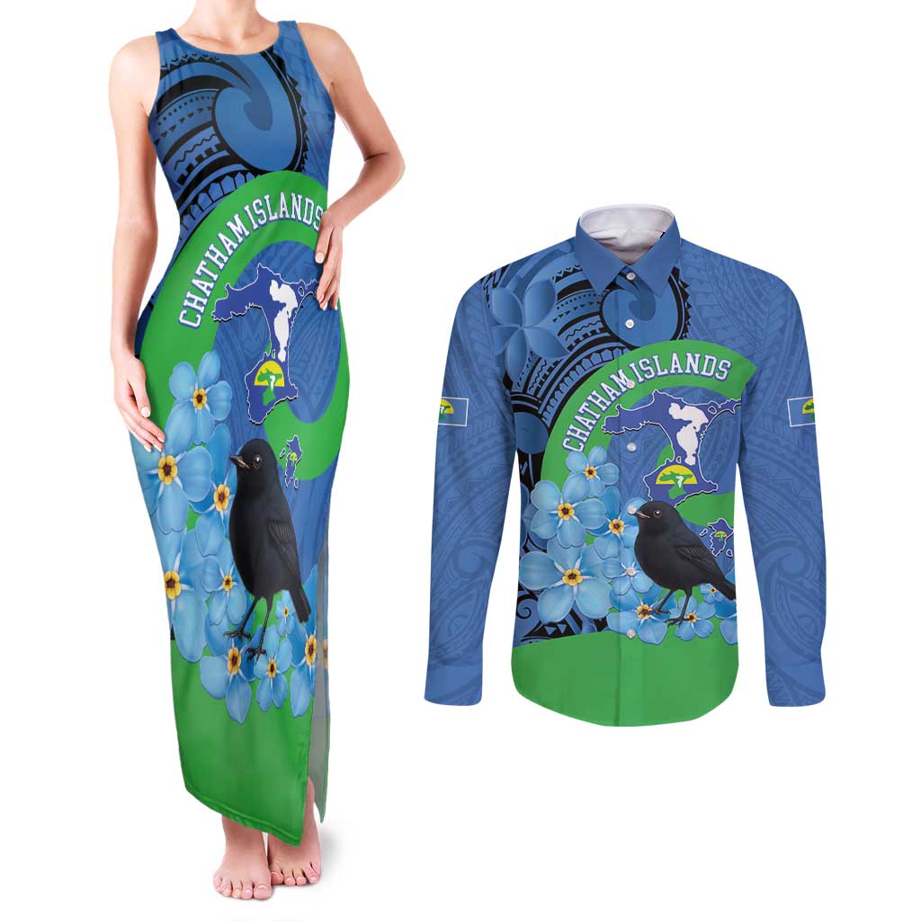 New Zealand Chatham Islands Couples Matching Tank Maxi Dress and Long Sleeve Button Shirt Wharekauri Forget Me Not With Black Robin LT14 Blue - Polynesian Pride