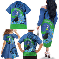 New Zealand Chatham Islands Family Matching Off The Shoulder Long Sleeve Dress and Hawaiian Shirt Wharekauri Forget Me Not With Black Robin LT14 - Polynesian Pride