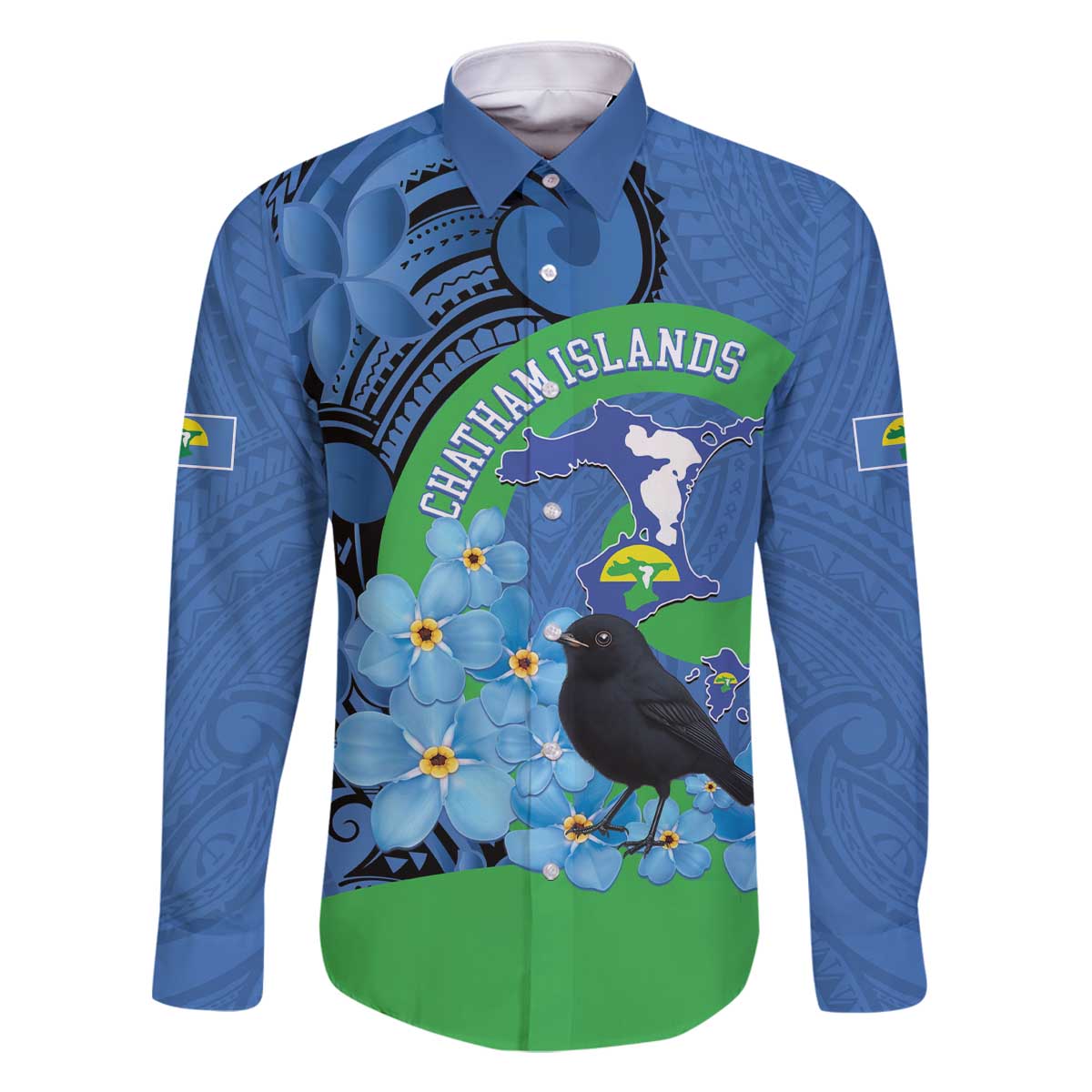 New Zealand Chatham Islands Family Matching Off The Shoulder Long Sleeve Dress and Hawaiian Shirt Wharekauri Forget Me Not With Black Robin LT14 Dad's Shirt - Long Sleeve Blue - Polynesian Pride