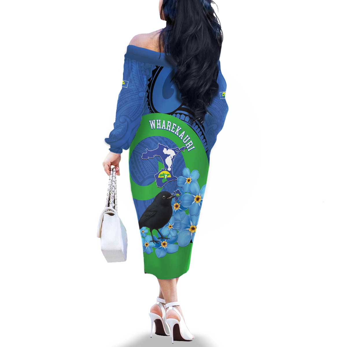 New Zealand Chatham Islands Family Matching Off The Shoulder Long Sleeve Dress and Hawaiian Shirt Wharekauri Forget Me Not With Black Robin LT14 - Polynesian Pride
