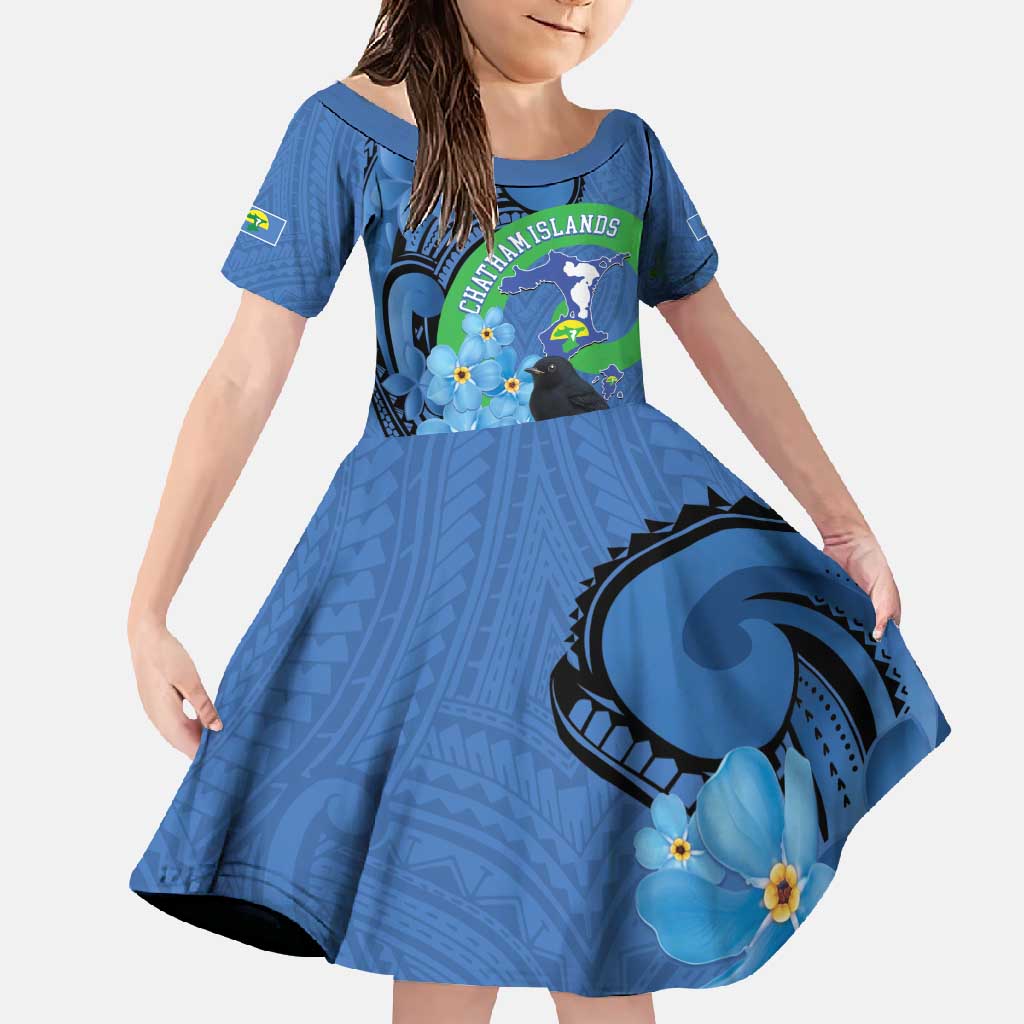 New Zealand Chatham Islands Family Matching Off Shoulder Maxi Dress and Hawaiian Shirt Wharekauri Forget Me Not With Black Robin LT14 Daughter's Dress Blue - Polynesian Pride