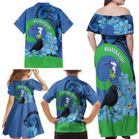 New Zealand Chatham Islands Family Matching Off Shoulder Maxi Dress and Hawaiian Shirt Wharekauri Forget Me Not With Black Robin LT14 - Polynesian Pride