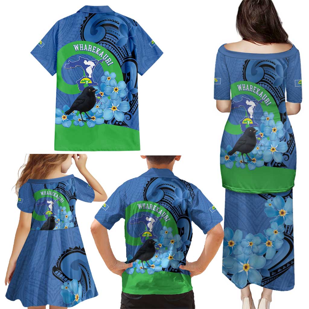 New Zealand Chatham Islands Family Matching Puletasi and Hawaiian Shirt Wharekauri Forget Me Not With Black Robin LT14 - Polynesian Pride