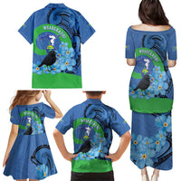 New Zealand Chatham Islands Family Matching Puletasi and Hawaiian Shirt Wharekauri Forget Me Not With Black Robin LT14 - Polynesian Pride