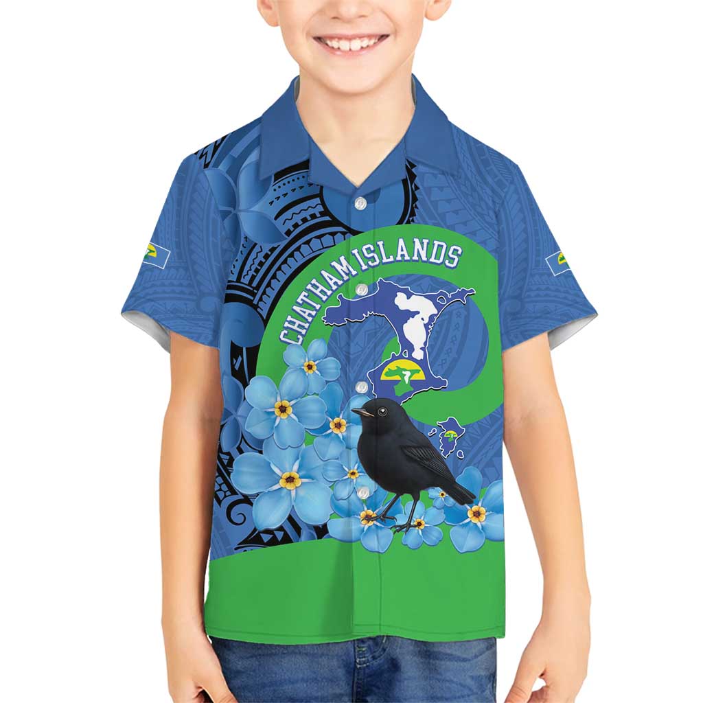 New Zealand Chatham Islands Family Matching Puletasi and Hawaiian Shirt Wharekauri Forget Me Not With Black Robin LT14 Son's Shirt Blue - Polynesian Pride