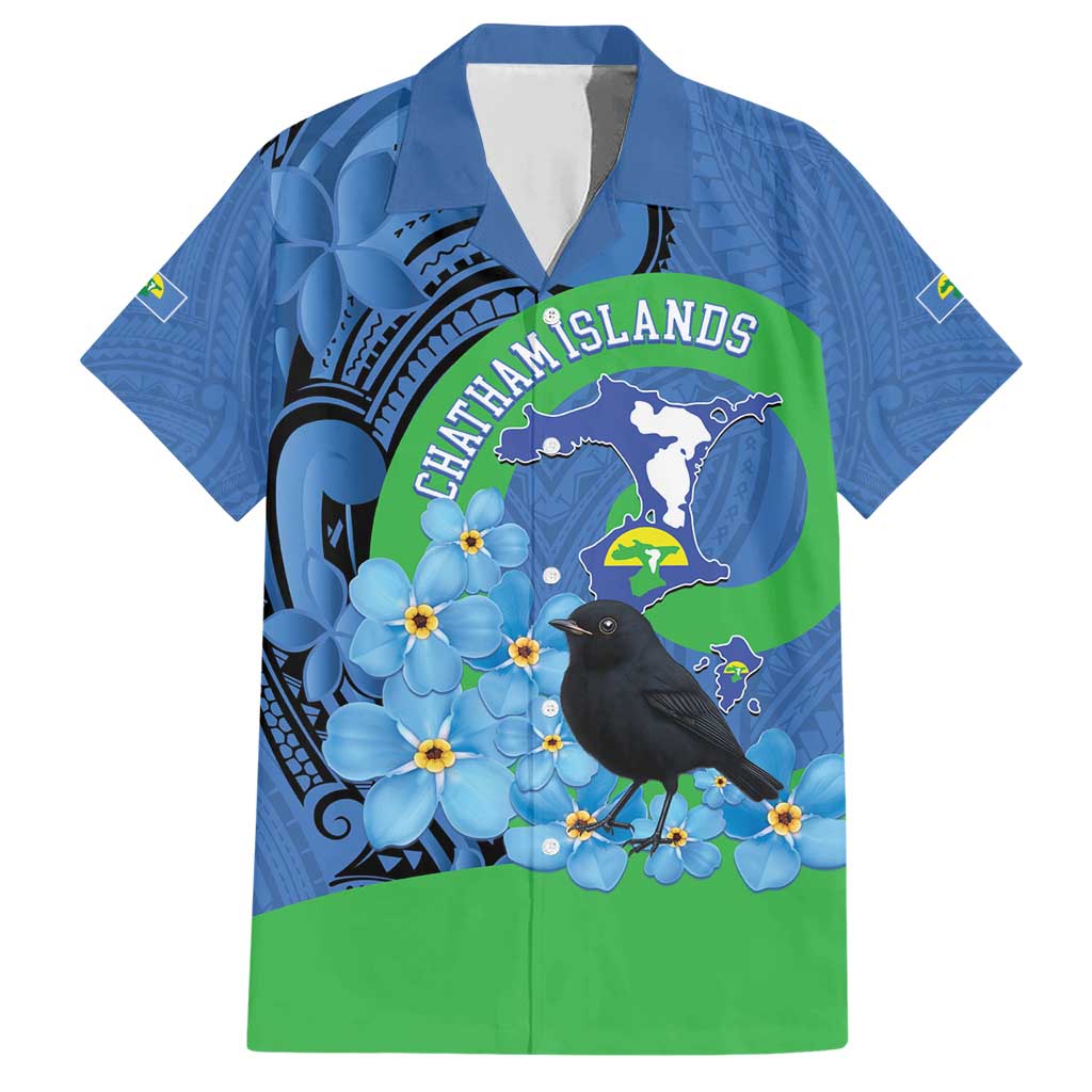 New Zealand Chatham Islands Family Matching Short Sleeve Bodycon Dress and Hawaiian Shirt Wharekauri Forget Me Not With Black Robin LT14 Dad's Shirt - Short Sleeve Blue - Polynesian Pride