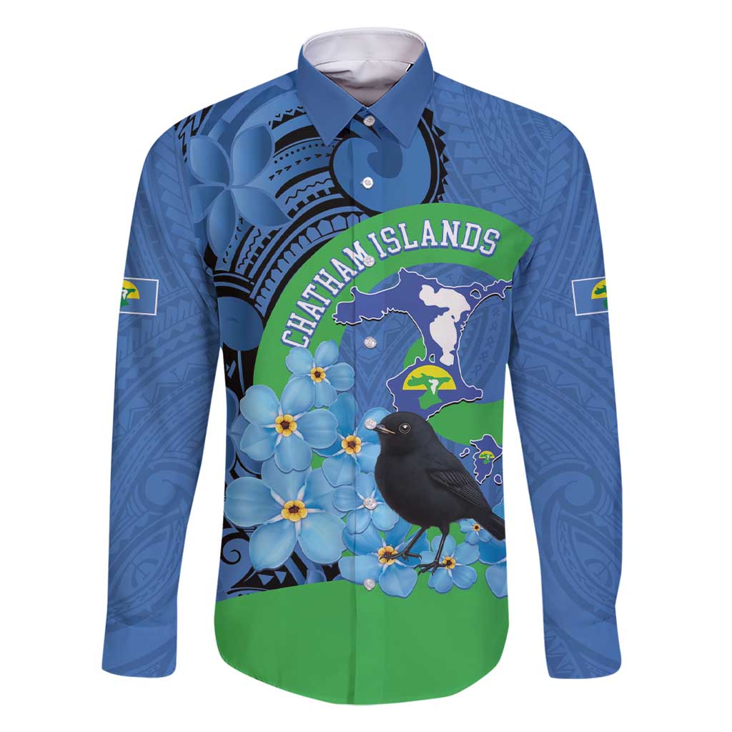 New Zealand Chatham Islands Family Matching Short Sleeve Bodycon Dress and Hawaiian Shirt Wharekauri Forget Me Not With Black Robin LT14 Dad's Shirt - Long Sleeve Blue - Polynesian Pride