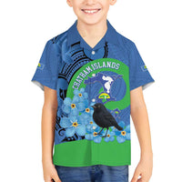 New Zealand Chatham Islands Family Matching Summer Maxi Dress and Hawaiian Shirt Wharekauri Forget Me Not With Black Robin LT14 Son's Shirt Blue - Polynesian Pride