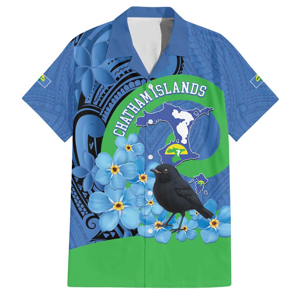 New Zealand Chatham Islands Family Matching Tank Maxi Dress and Hawaiian Shirt Wharekauri Forget Me Not With Black Robin LT14 Dad's Shirt - Short Sleeve Blue - Polynesian Pride