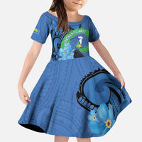 New Zealand Chatham Islands Kid Short Sleeve Dress Wharekauri Forget Me Not With Black Robin LT14 KID Blue - Polynesian Pride