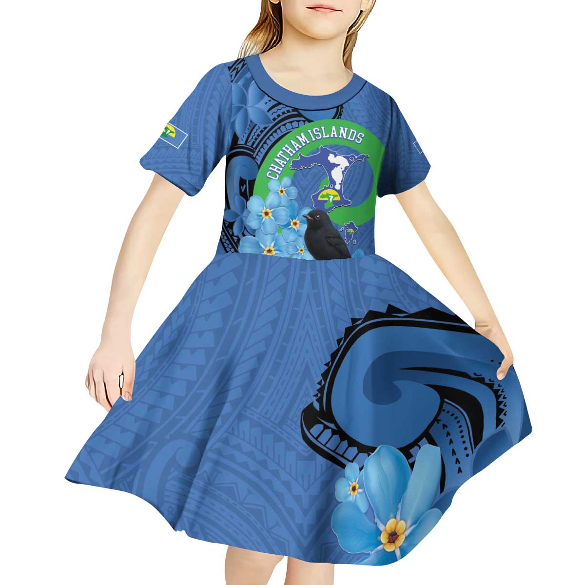 New Zealand Chatham Islands Kid Short Sleeve Dress Wharekauri Forget Me Not With Black Robin LT14 - Polynesian Pride