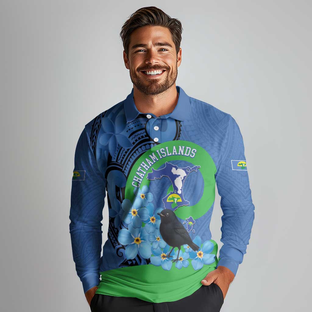 New Zealand Chatham Islands Long Sleeve Polo Shirt Wharekauri Forget Me Not With Black Robin LT14 - Polynesian Pride