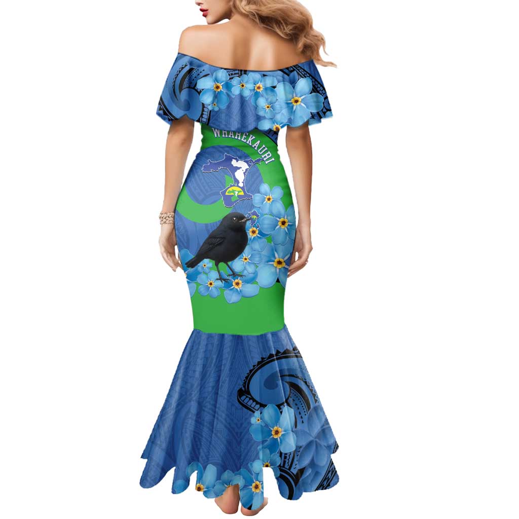 New Zealand Chatham Islands Mermaid Dress Wharekauri Forget Me Not With Black Robin LT14 - Polynesian Pride