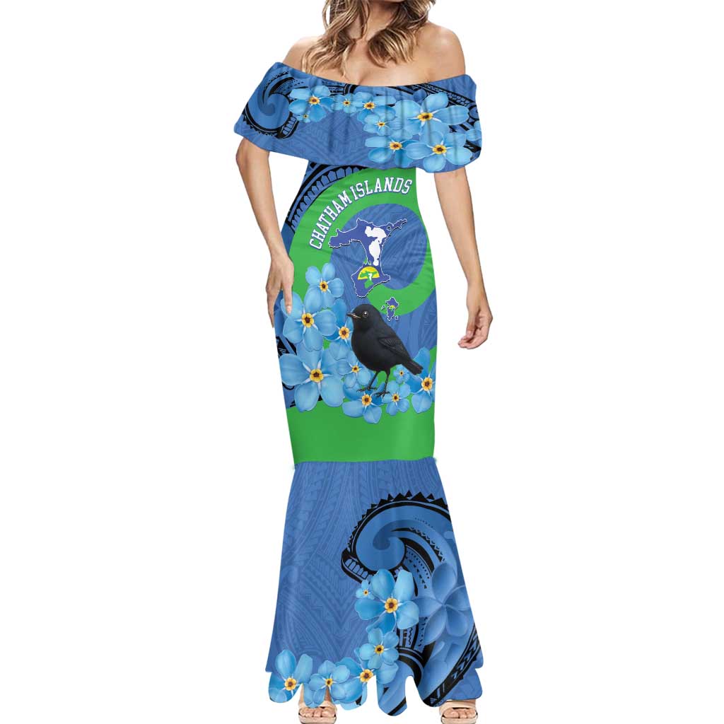 New Zealand Chatham Islands Mermaid Dress Wharekauri Forget Me Not With Black Robin LT14 - Polynesian Pride