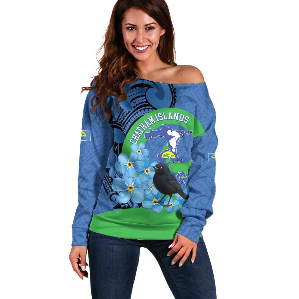 New Zealand Chatham Islands Off Shoulder Sweater Wharekauri Forget Me Not With Black Robin LT14 Women Blue - Polynesian Pride