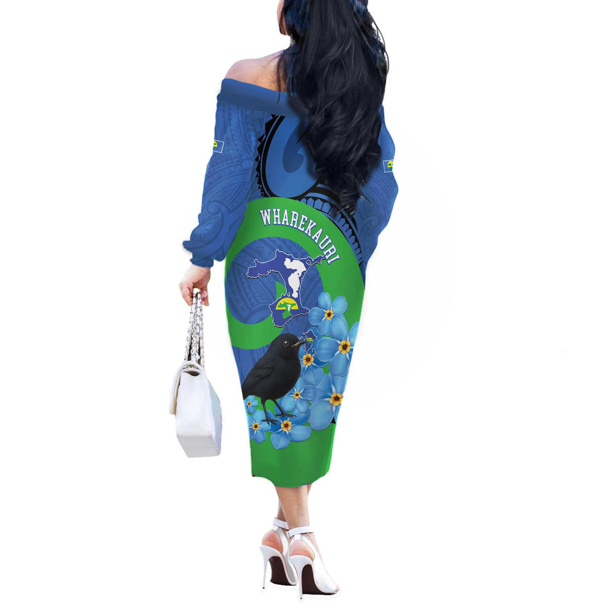New Zealand Chatham Islands Off The Shoulder Long Sleeve Dress Wharekauri Forget Me Not With Black Robin LT14 - Polynesian Pride