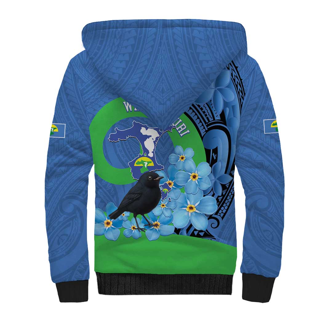 New Zealand Chatham Islands Sherpa Hoodie Wharekauri Forget Me Not With Black Robin LT14 - Polynesian Pride